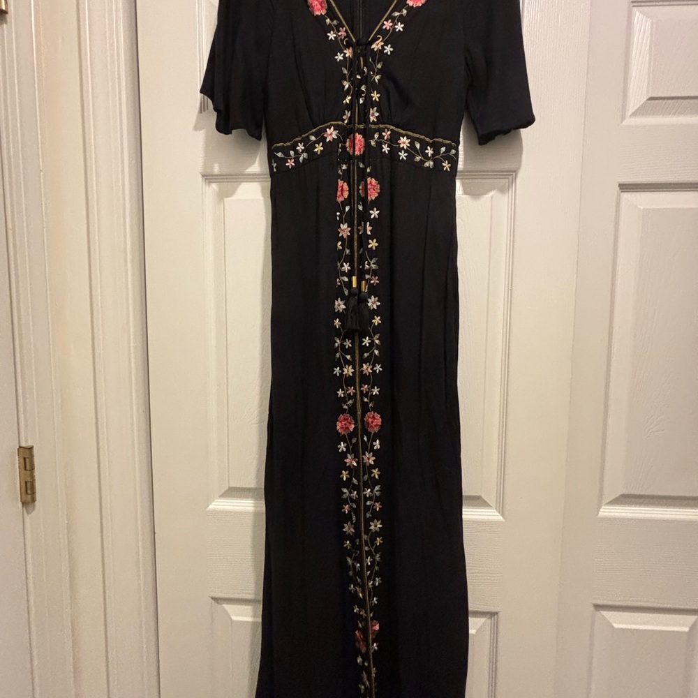 Japna Black Maxi Dress with Pink Floral Embroidery